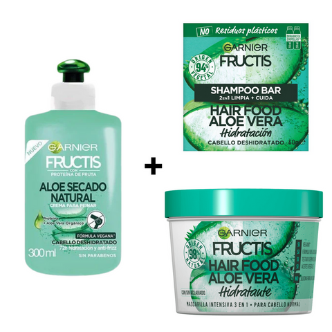 Pack Shampoo en barra aloe vera 60g + crema para peinar Hair Food aloe vera 300 ml + mascarilla 350 ml Garnier Fructis